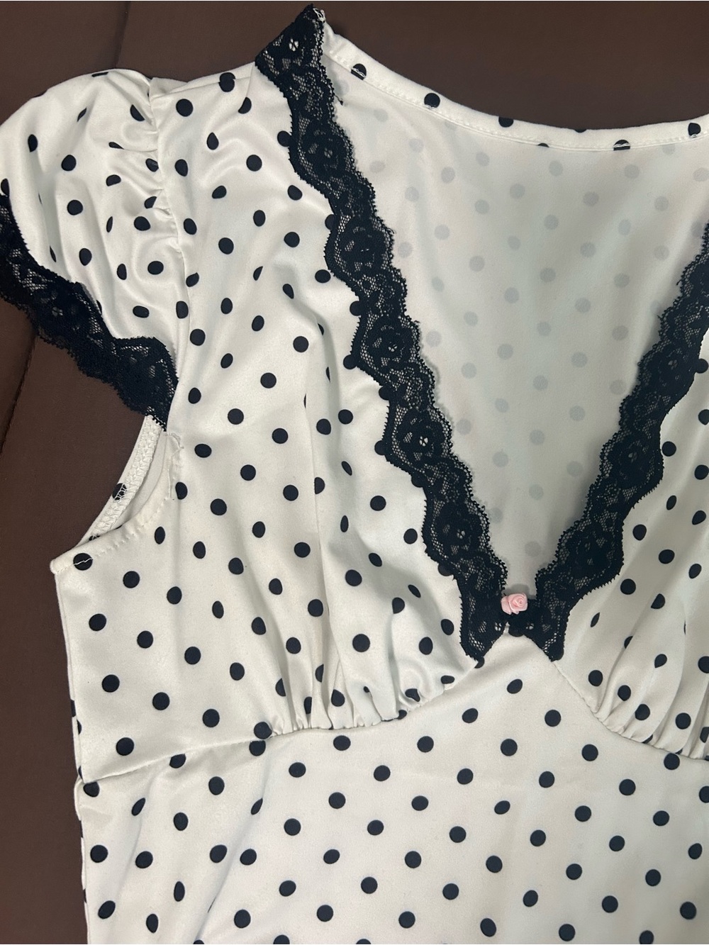 Polka Dot Midi Dress with Black Lace Trim - White/Black